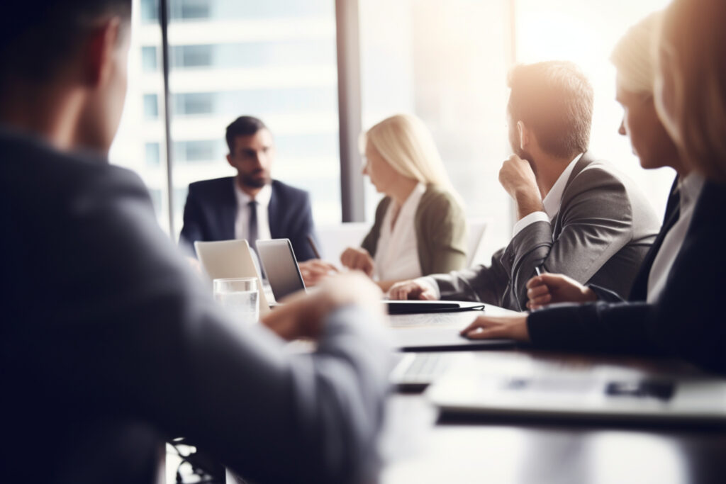 Shot of a group of unrecognizable business colleagues talking together during a meeting in a boardroom